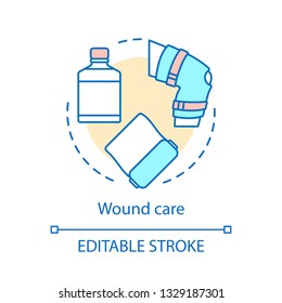 Wound Care Concept Icon. Injury, Trauma Treatment Idea Thin Line Illustration. Clinical Guidelines Vector Isolated Outline Drawing. Nursing Services. Bandage, Medication, Knee Therapy. Editable Stroke