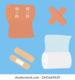 Wound care kit for skin injuries,
includes gauze roll, brown bandage,
and adhesive wound plaster included,
flat design style, first aid.