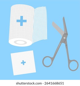 Wound care set includes several tools,
rolled bandage, gauze box, scissors,
used in doctor and emergency care,
flat medical design illustration.