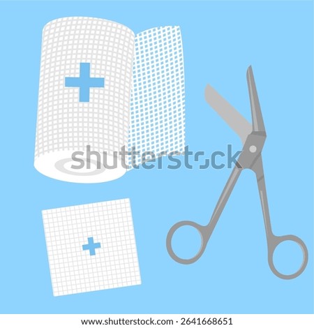 Wound care set includes several tools,
rolled bandage, gauze box, scissors,
used in doctor and emergency care,
flat medical design illustration.