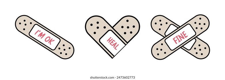 Wound plaster feeling kawaii cute set, illustration heart plaster vector set.