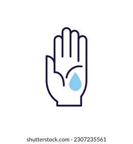 Icono de línea vectorial relacionada con la herida. Mano, gota, sangre, palma. Aislado sobre fondo blanco. Ilustración vectorial. Trazo editable
