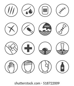 Wound Skin Icon , Logo And Vector . 16 Version ( Skin Scratch  Bleeding  Cross  Bandages , Hot Water  Needle    )