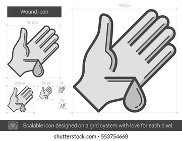 Icono de línea vectorial de herida aislado en fondo blanco. Icono de línea de heridas para infografía, sitio web o aplicación. Icono escalable diseñado en un sistema de cuadrícula.