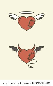Wounded angel and devil heart. Flat style illustration. Isolated.