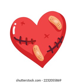Wounded broken heart vector illustration isolated white background  Sick heart and plaster   stitches  Drawing and cartoon flat art style 