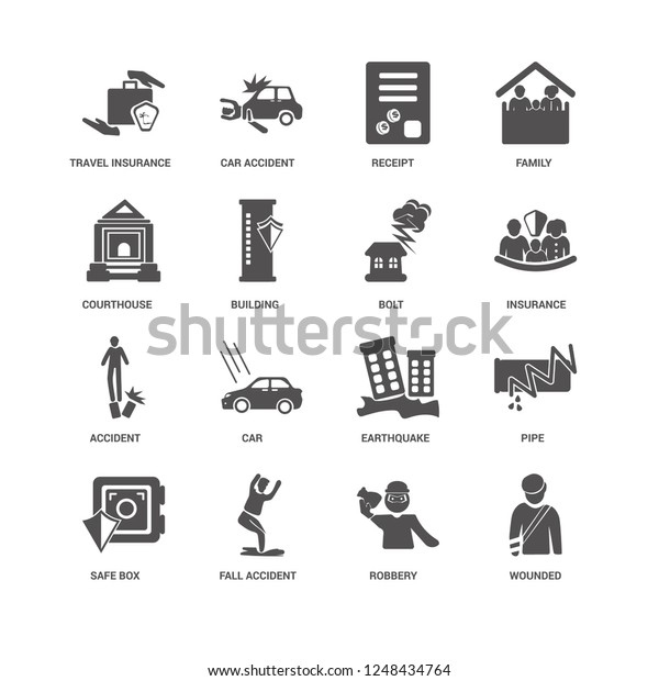 Wounded, Building, Travel\
insurance, Car Accident, Pipe, Earthquake, Car, Robbery icon 16 set\
EPS 10 vector format. Icons optimized for both large and small\
resolutions.