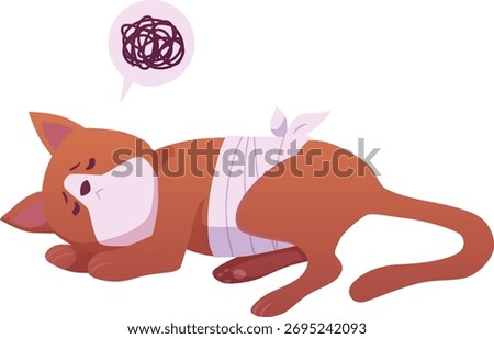 Wounded cat lies. Cartoon sick brown kitten with bandaged belly. Hurt injured or after surgery animal pet. Veterinarian treatment, health care. Vector flat illustration isolated on white background