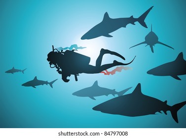 The wounded diver floats among malicious and hungry sharks