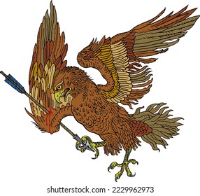 Wounded eagle with an arrow in his wing. Medieval engraving style ink pen illustration. T-shirt print, tattoo design. Hunting, wild power, martyrdom, nature, wildlife, animals, rock music concept.