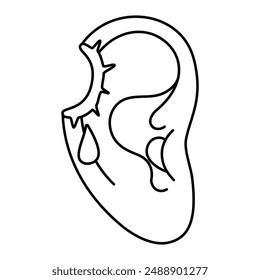 Oreja herida Icono blanco y negro. Agujero de bala. Oído humano lesionado con el logotipo de gotas de sangre. una sensación de lesión o dolor asociado con el oído. línea de arte estilo Ilustración vectorial