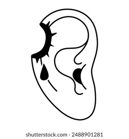 Verwundetes Ohr Schwarz-Weiß-Ikone. Einschussloch. Verletztes menschliches Ohr mit Blutstropfen-Logo. Ein Gefühl der Verletzung oder Schmerzen, die mit dem Ohr verbunden sind. Linie Art Style Vektorillustration