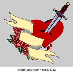 Wounded heart with a dagger with a banner and roses. Valentine. Old school tattoo style