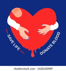 Wounded heart held by hands on isolated blue background with dot work texture. World Blood Donor Day. 