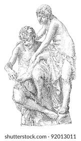 Wounded nymph / sculpture by Gustav Eberlein / vintage illustration from Meyers Konversations-Lexikon 1897