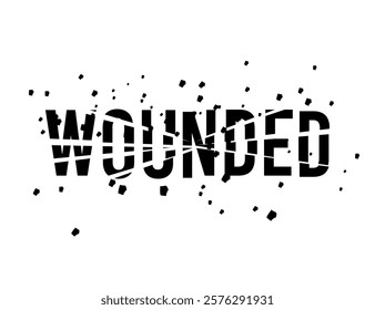 Wounded stylised word. The word wounded destroyed and shattered into fragments, black on white. Stylish print for t-shirts,wallpapers, posters