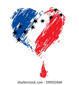 heridos de bala, corazón sangrante con los colores de la bandera francesa, como símbolo de luto nacional