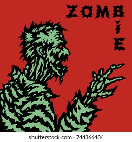 A wounded zombie looks at his hand with bitten fingers. Vector illustration. Genre of horror. Scary character for Halloween.