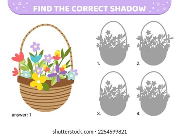 Woven basket with bloom flowers. Find the correct shadow. Shadow matching game. Flat, cartoon. Isolated vector illustration eps 10
