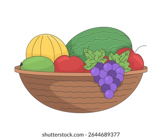 Cesta tecida repleta de frutas sortidas 2D desenho animado objeto. Colheita fresca. Maçãs saudáveis, melão, melancia, uvas. Abundância de alimentos isolado elemento plano vetor clip art no branco. Ilustração pontual