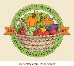 A woven basket brimming with vibrant vegetables like tomatoes, peppers, and corn is displayed at a local farmer's market, promoting organic produce and healthy eating.