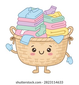 A woven basket character with a cheerful face holding a stack of colorful folded clothes. A tag says wash day fun. Perfect for organization guides and laundry day blog posts.
