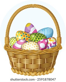 Woven Basket Filled with Colorful Painted Easter Eggs. Isolated Festive Cartoon Vector Art 