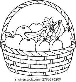Woven basket filled with fresh assorted fruits for coloring page