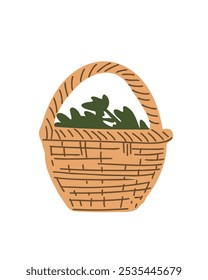 a woven basket filled with fresh herbs, in a modern cartoon style, ideal for organic food projects and healthy eating