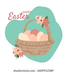woven basket filled with pastel eggs, adorned with pink and white flowers, and the text HAPPY EASTER, perfect for festive designs.