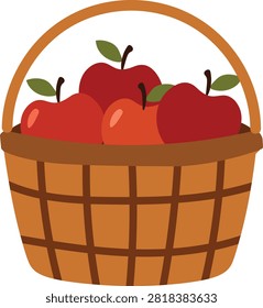Woven Basket Filled with Ripe Red Apples and Green Leaves Illustration