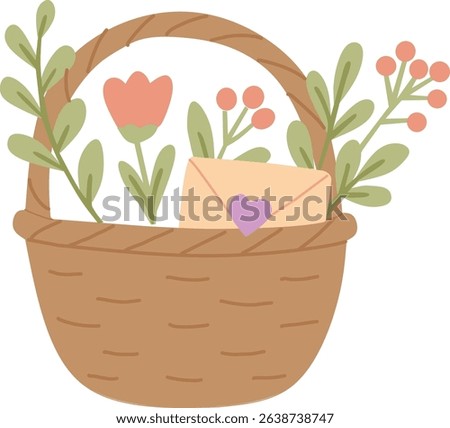 Woven basket filled with tulips and an envelope with a heart seal
