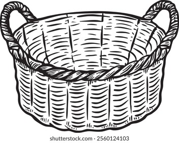 Woven basket line drawing isolated on white background.