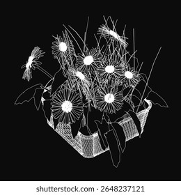 A woven basket overflows with bright dandelions and delicate daisies, their petals contrasting against a deep black background. The natural contour of the flowers creates a soft, organic composition.