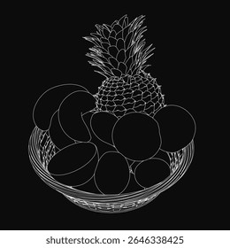 A woven basket overflows with fresh fruits, including a ripe pineapple, oranges, and apples, arranged neatly on a sleek black background. The vibrant colors and natural textures create an inviting.