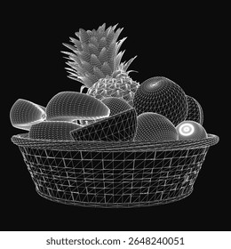 A woven basket overflows with fresh fruits including red apples, bright oranges, yellow bananas, and purple grapes. The dark background enhances the vivid colors and textures of the produce.