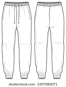 Vista frontal y posterior de los Joggers de carga trenzados. Ilustración de vectores de esbozo plano de moda, CAD, dibujo técnico, plano plano, plantilla, copia