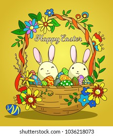 Woven Easter basket with eggs and bunnies, color vector illustration