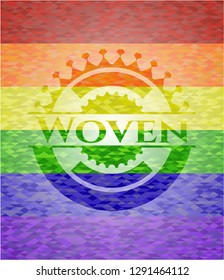 Woven emblem on mosaic background with the colors of the LGBT flag