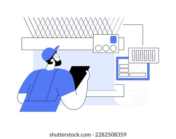 Woven fabrics abstract concept vector illustration. Worker controls woven fabrics production on loom, light industry, textile manufacturing, weaving sector, clothing creation abstract metaphor.