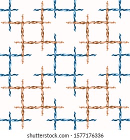 Woven Frayed Rope Fishing Net On White Background. Hand Drawn Maritime Vector Seamless Pattern. Nautical Summer Textiles All Over Print. Rough Blue Brown Broken Netting Twist Thread. Repeat Tile EPS10