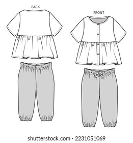 WOVEN FRONT OPEN FRILL TOP WITH JOGGER SET FOR TODDLER GIRL AND BABY GIRL SET IN EDITABLE VECTOR