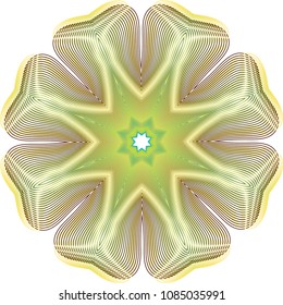 Woven guilloche star rosette with contrasting colors that give off a metallic moire effect.