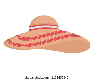 Woven Hat For Sunbathing On The Beach. Doodle Flat Clipart. All Colors Are Repainted.