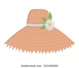 Woven Hat For Sunbathing On The Beach. Doodle Flat Clipart. All Colors Are Repainted.