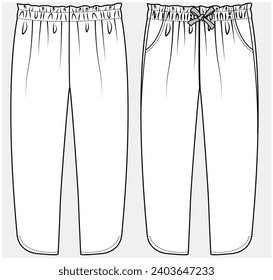 WOVEN JOGGER WITH DOLPHIN HEMLINE AND PAPER BAG WAIST DETAIL DESIGNED FOR TEEN AND KID GIRLS IN VECTOR ILLUSTRATION FILE