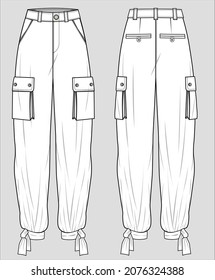WOVEN JOGGERS WITH BELLOW POCKET AND HEM TIE UP FOE WOMEN AND TEEN GIRLS IN EDITABLE VECTOR FILE