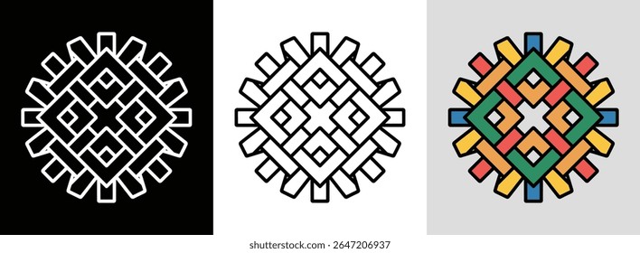 Mandala de rede tecida com linhas interconectadas e preenchimentos vibrantes para decoração dinâmica.
