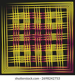 Woven line pattern. Chaotic thread structure. Yellow pink Vector warp. Dark backdrop element. EPS 10.