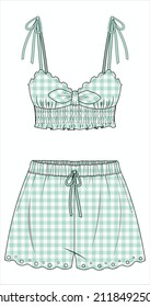 WOVEN MATCHING NIGHTWEAR TANK AND SHORT IN GINGHAM CHECK FOR WOMEN IN EDITABLE VECTOR FILE